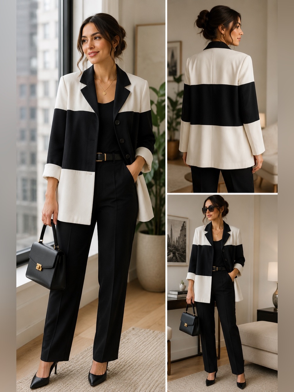 Contrast-Block Black and White Notch Lapel Blazer